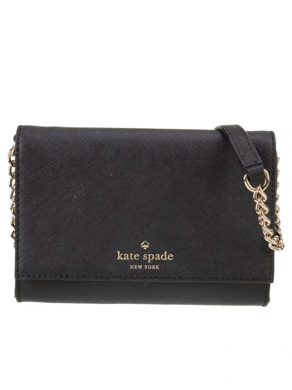 kate spade black leather crossbody with gold chain